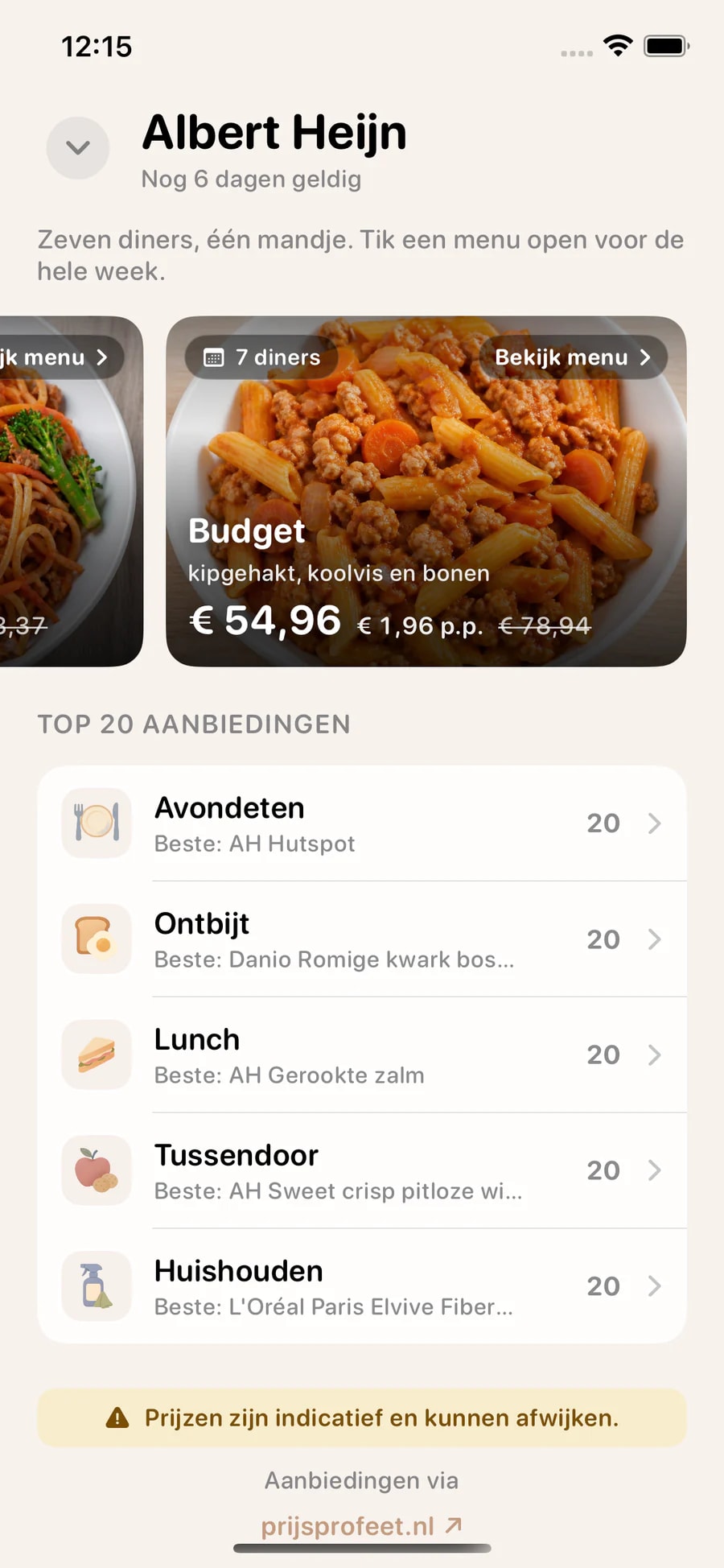 MomPlan offers screen in Dutch: a budget menu with seven dinners at Albert Heijn, top offers by category and credit to PrijsProfeet.